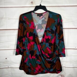 Arna York Faux Wrap Top Womens 22/24 Multicolor Floral Abstract Surplice Ruched
